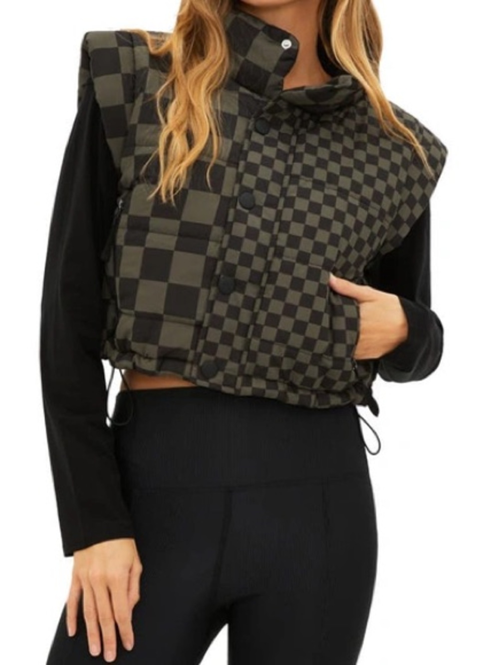 Beach Riot Olive & Black Checkered Canyon Cropped Puffer Vest